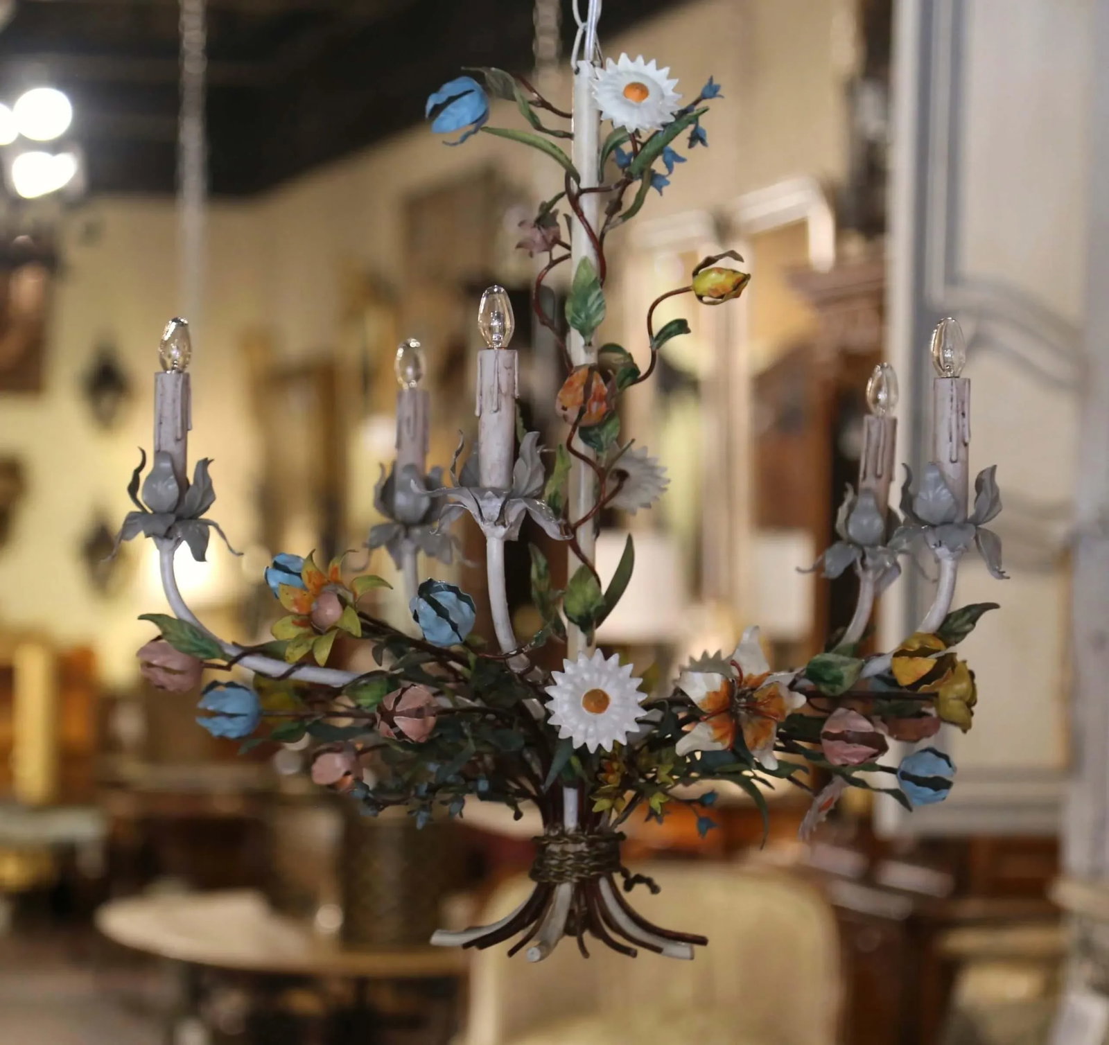 Early 20th Century French Metal and Painted Floral Five-Light Chandelier - 5