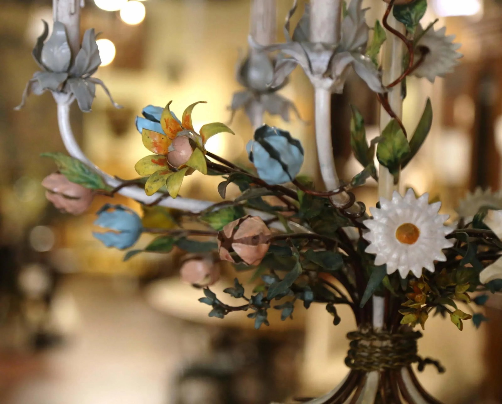 Early 20th Century French Metal and Painted Floral Five-Light Chandelier - 8