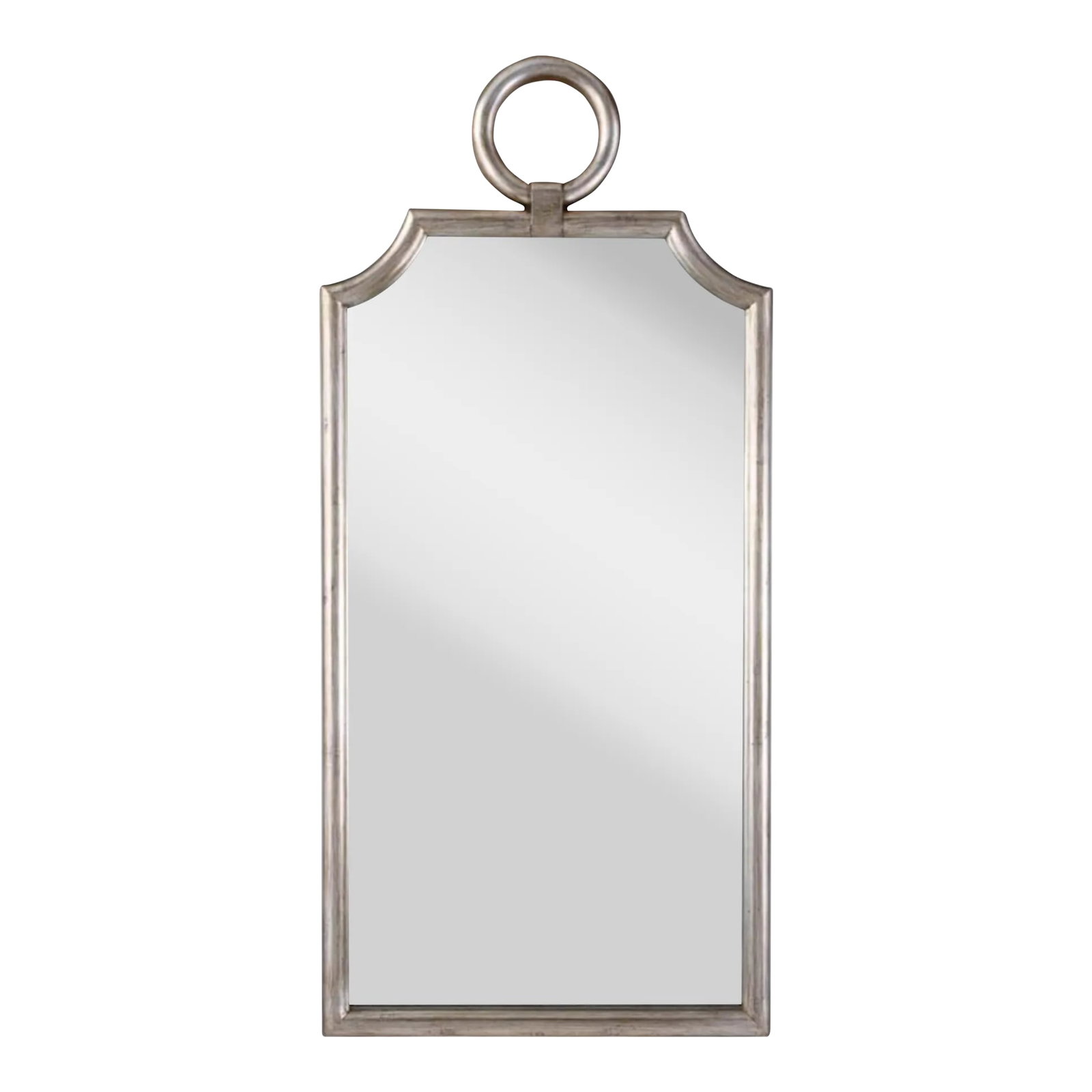 Modern Regency Brushed Nickel Beveled Wall Mirror With Round Ring Finial: Modern Glam Regency "Wilshire" Wall Mirror with Beveled Glass Retails Brand New for $399 A Brushed Nickel Finish A Very Transitional piece that would work well with any style Decor! Actual Mirror