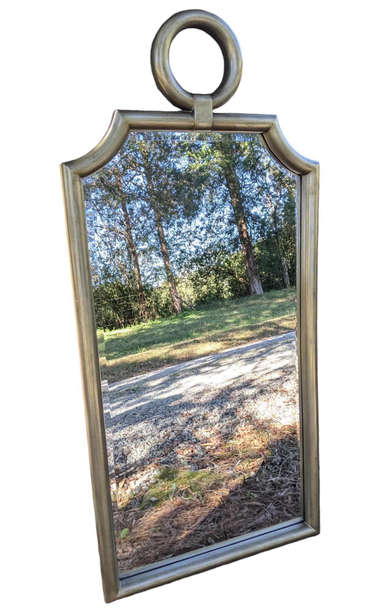 Modern Regency Brushed Nickel Beveled Wall Mirror With Round Ring Finial - 3