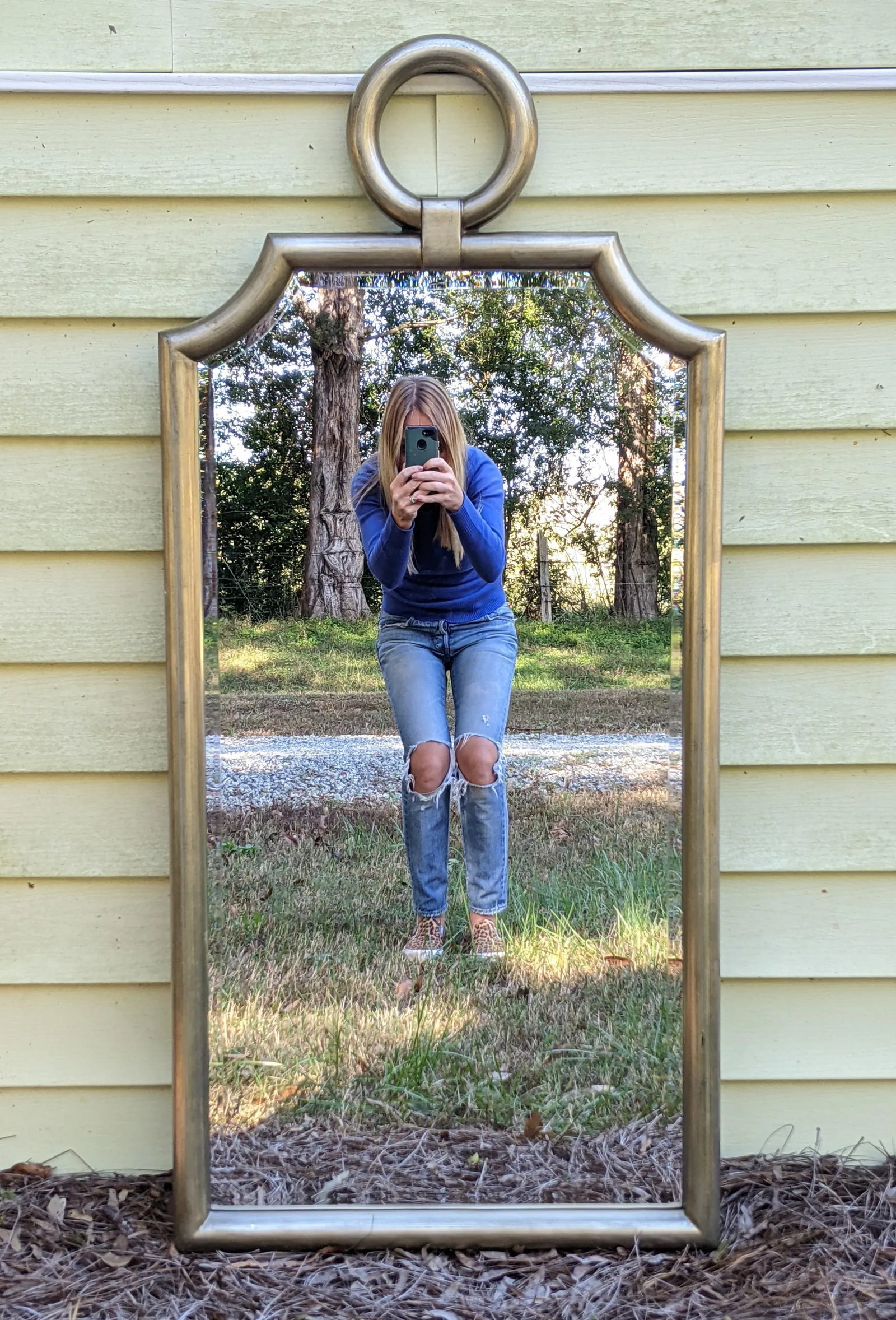 Modern Regency Brushed Nickel Beveled Wall Mirror With Round Ring Finial - 9