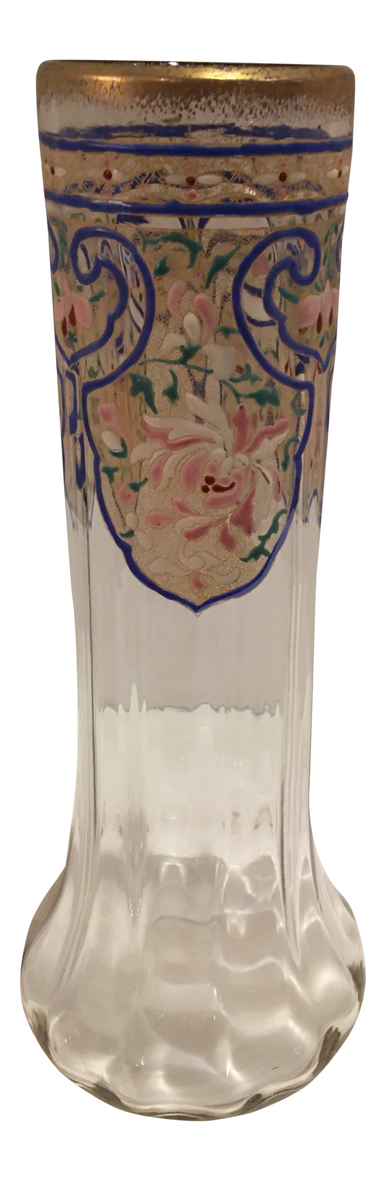 Antique Moser Bohemian Enameled Hand Blown Vase: Elegant antique Moser enameled vase in cornflower blue, pink, green , white and burgundy. Gold rim. Measures 12" tall. Circa 1920's, hand blown, unsigned. Condition: Alterations: Original Condition Un