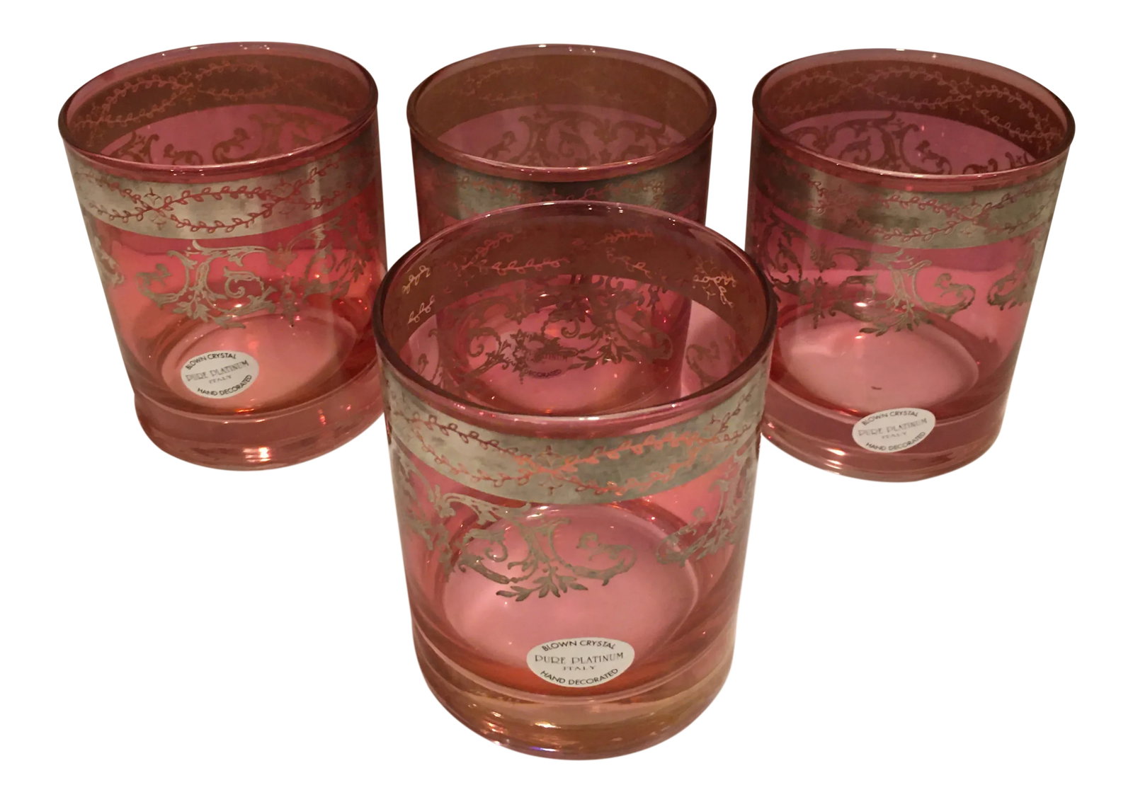 1980s Italian Hand Blown Pure Platinum Italian Old Fashion Glasses - Set of 4: This is a gorgeous set of 4 pink Blown Crystal Cordial Glasses from Italy hand decorated with platinum. These have a sticker that reads " BLOWN CRYSTAL PURE PLATINUM ITALY HAND DECORATED" These