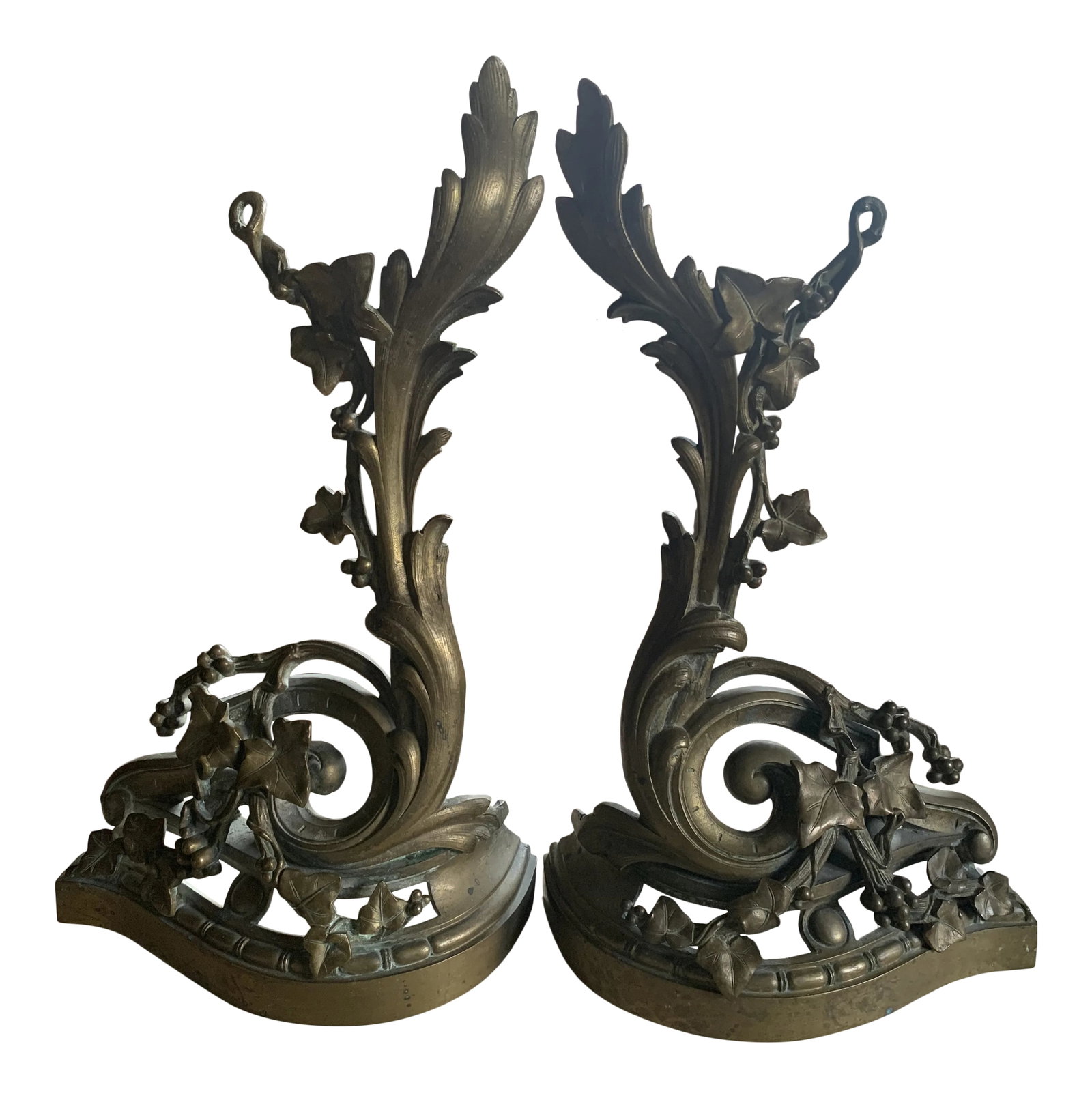 19th Century French Andirons - a Pair: Unique French brass "grape and vine" Antique Andirons. Beautiful scroll work and dramatic fireplace accents! Purchased in Paris Marche aux Puces! Condition: Alterations: Original Condition Unaltered