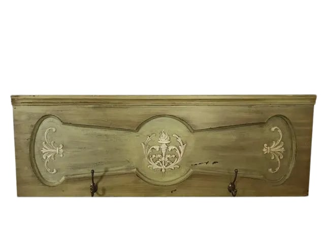 1940s Vintage Architectural Wood Plaque With Hooks: A wonderfully aged patina on this piece shows a variation of green shades, similar to Ben Moore #495 paint color. The umber brown tones give it an aged sense of style. The finish is beautiful and