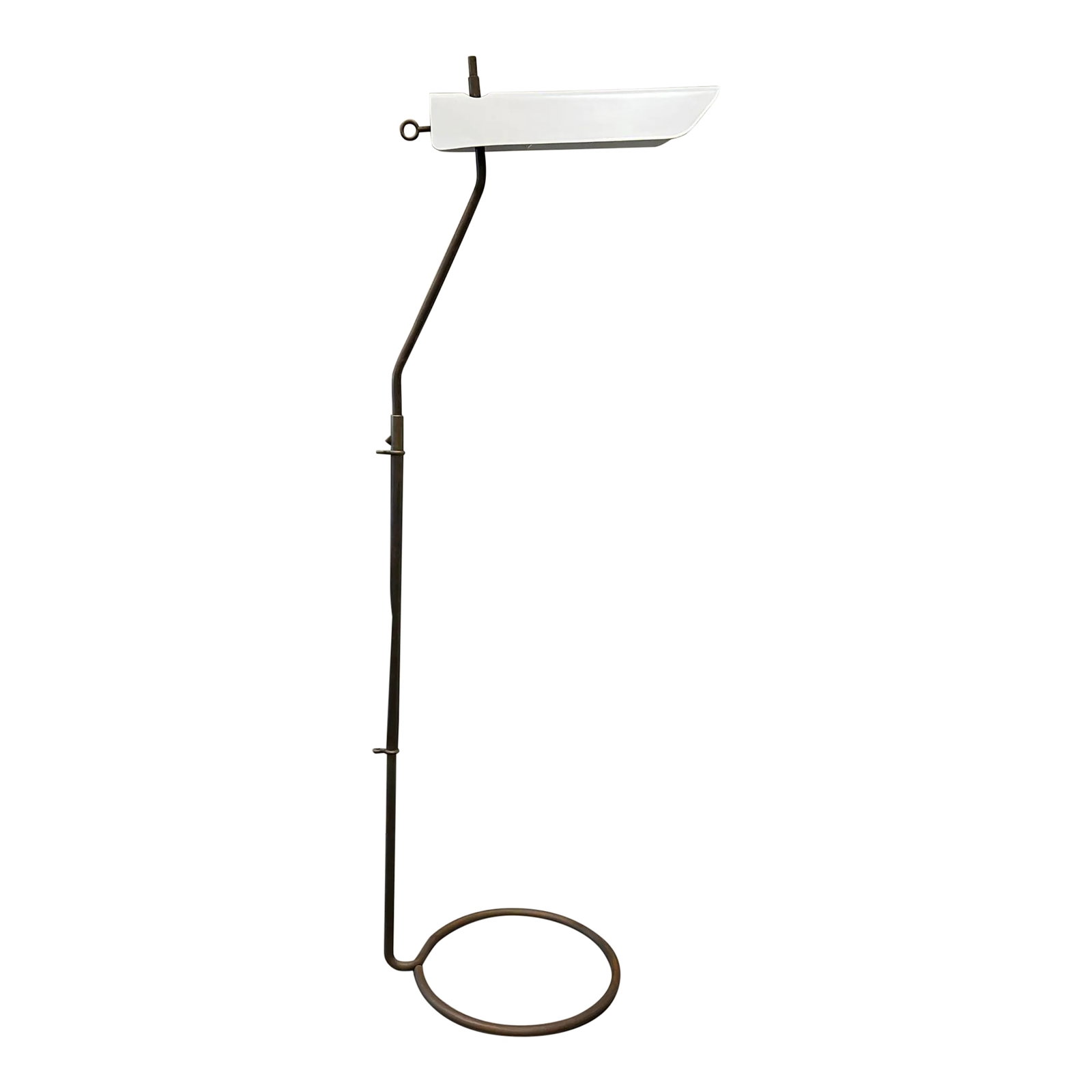 Visual Comfort Adjustable Antiqued Brass & White Floor Lamp: Brand: Visual Comfort. Designer: Chapman & Myers Stem/Base Finish: Hand-Rubbed Antique Brass. Metal Shade Finish: White. Size: 49" height x 12" diameter base x 18" extension. Shade: 14" long.