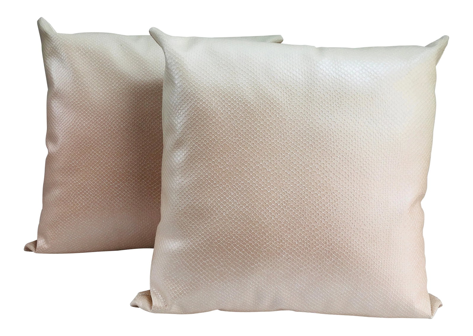 Vintage Pink Chic Snake Skin Style Leather Pillows - a Pair: Pair of blush pink leather snake skin-style pillows. In wonderful condition. No maker's mark. Dims: 22" L x 21" W x 8" Deep Condition: Alterations: Original Condition Unaltered Imperfections: Some