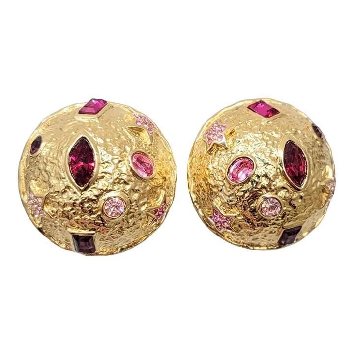 Vintage 1980s Signed Guy Laroche Paris Goldtone Round Domed Rhinestone Clip Earrings- 2 Pieces: 1980s goldtone round domed round and oval faux-pink sapphires with pave round pink rhinestone star and faux-garnet marquise with emerald cut faux-amethyst and ruby clip earrings. Marked "Guy Laroche" 