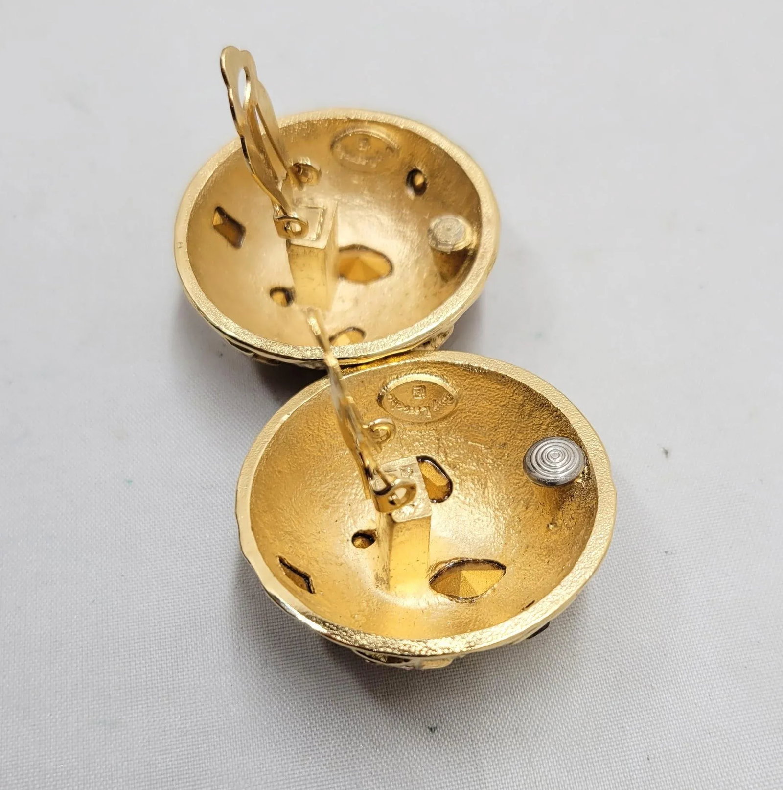Vintage 1980s Signed Guy Laroche Paris Goldtone Round Domed Rhinestone Clip Earrings- 2 Pieces - 2