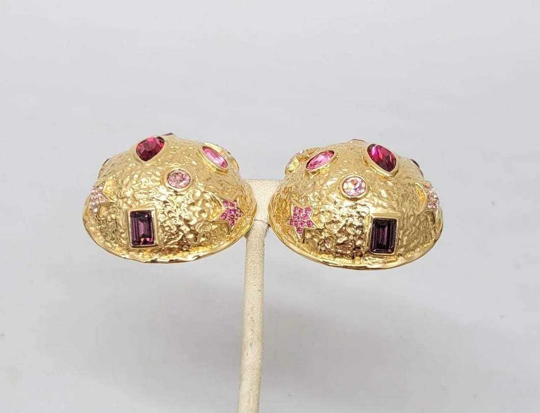 Vintage 1980s Signed Guy Laroche Paris Goldtone Round Domed Rhinestone Clip Earrings- 2 Pieces - 3