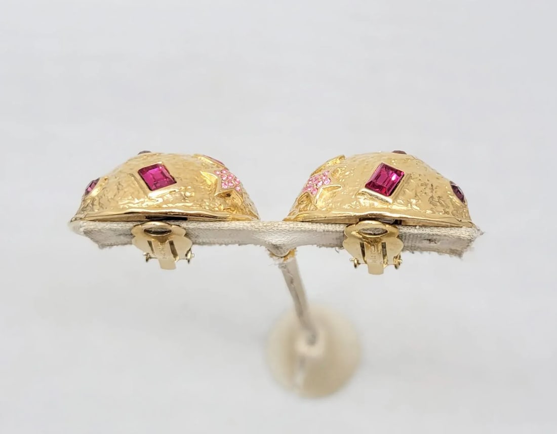 Vintage 1980s Signed Guy Laroche Paris Goldtone Round Domed Rhinestone Clip Earrings- 2 Pieces - 4