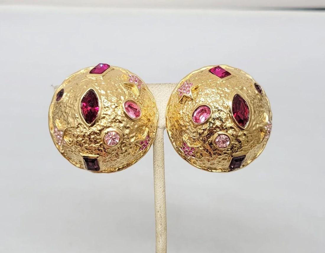 Vintage 1980s Signed Guy Laroche Paris Goldtone Round Domed Rhinestone Clip Earrings- 2 Pieces - 5