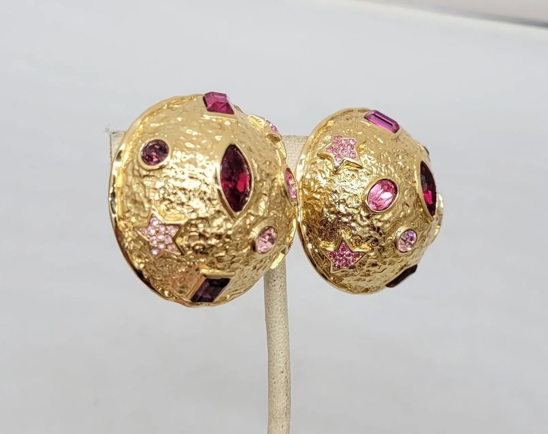 Vintage 1980s Signed Guy Laroche Paris Goldtone Round Domed Rhinestone Clip Earrings- 2 Pieces - 6