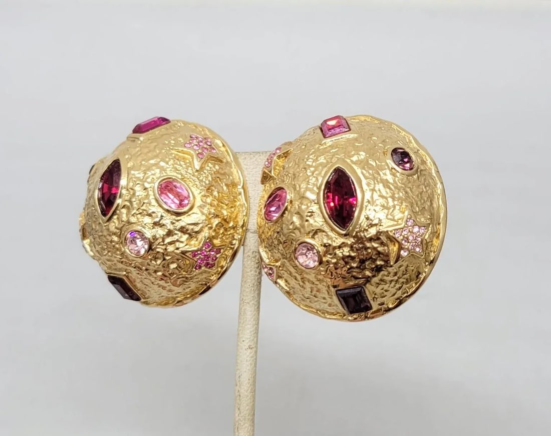 Vintage 1980s Signed Guy Laroche Paris Goldtone Round Domed Rhinestone Clip Earrings- 2 Pieces - 9