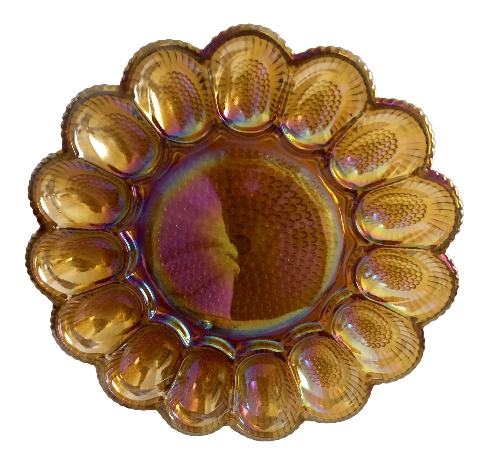 Vintage Mid-Century Modern Heavy Weight Carnival Glass Egg Holder: Vivid amber color and heavyweight carnival glass egg holder. Brilliance and decorative piece for holiday or every day use Condition: Alterations: Original Condition Unaltered Imperfections: Some Imper