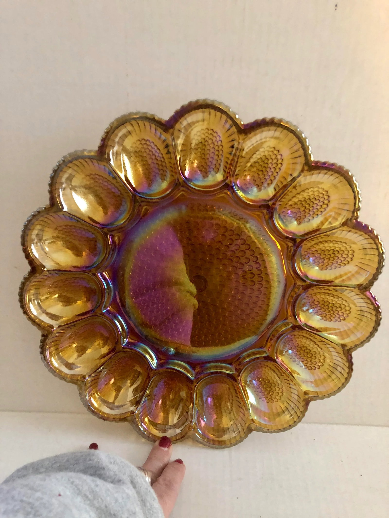 Vintage Mid-Century Modern Heavy Weight Carnival Glass Egg Holder - 8