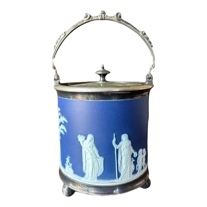 Vintage Old Wedgwood Dark Bloue Jasperware Biscuit Barrel Cookie Jar Vessel (1 of 8)