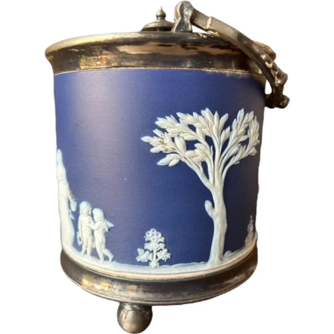 Vintage Old Wedgwood Dark Bloue Jasperware Biscuit Barrel Cookie Jar Vessel - 2
