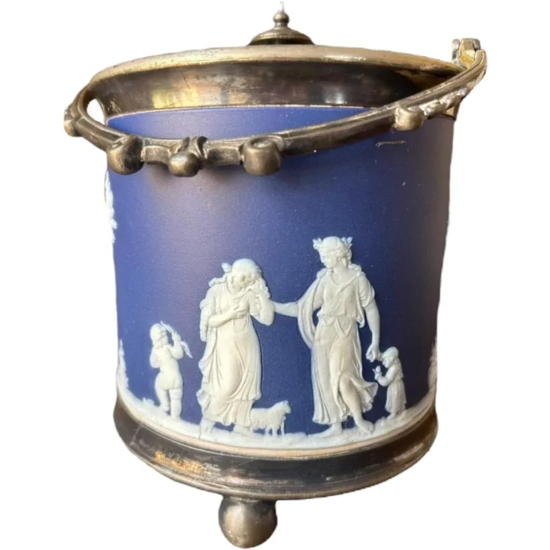 Vintage Old Wedgwood Dark Bloue Jasperware Biscuit Barrel Cookie Jar Vessel - 3