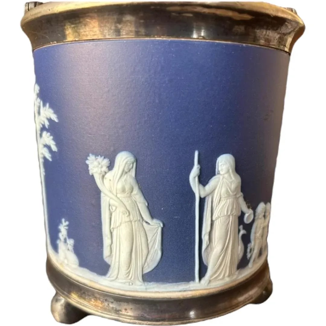 Vintage Old Wedgwood Dark Bloue Jasperware Biscuit Barrel Cookie Jar Vessel - 4