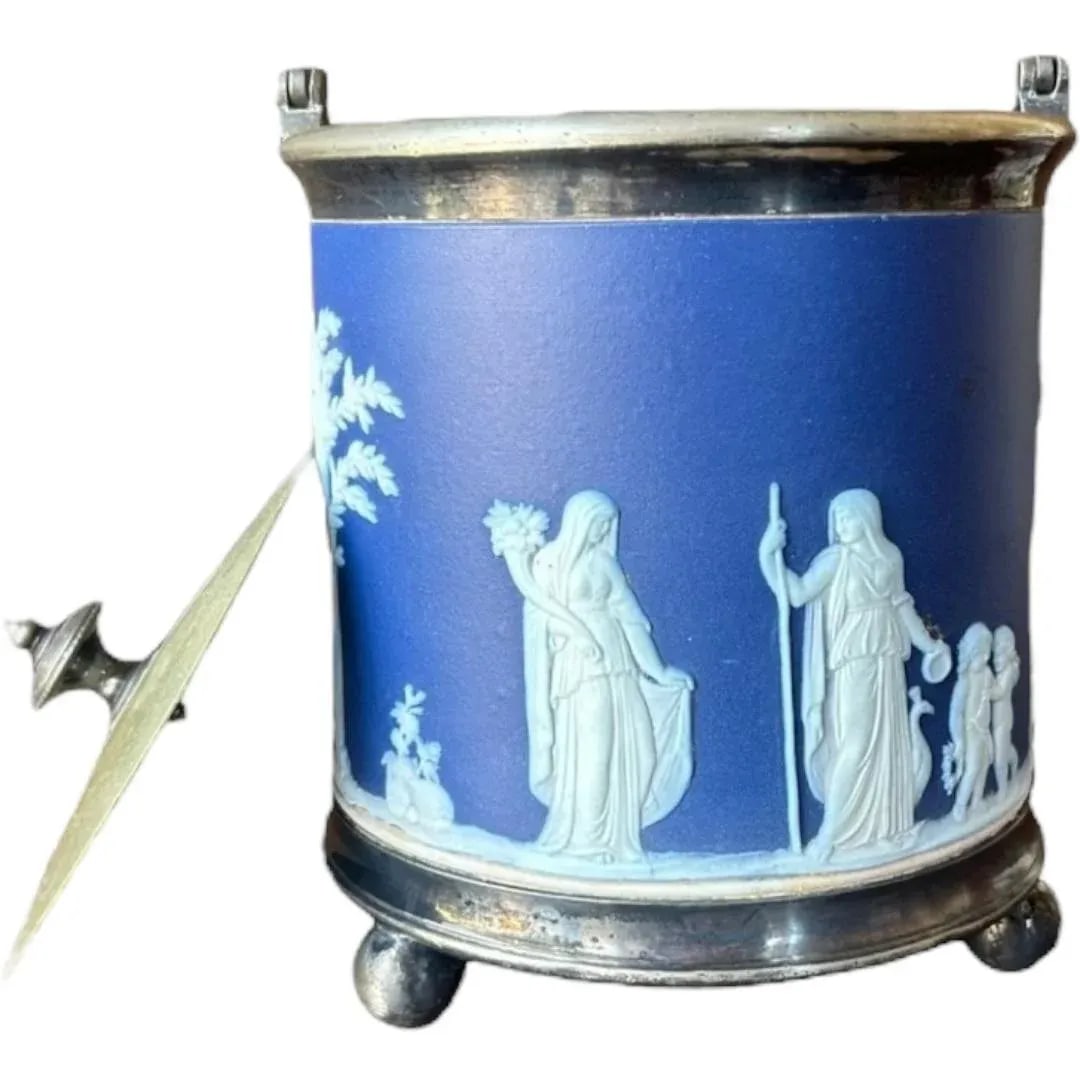 Vintage Old Wedgwood Dark Bloue Jasperware Biscuit Barrel Cookie Jar Vessel - 6