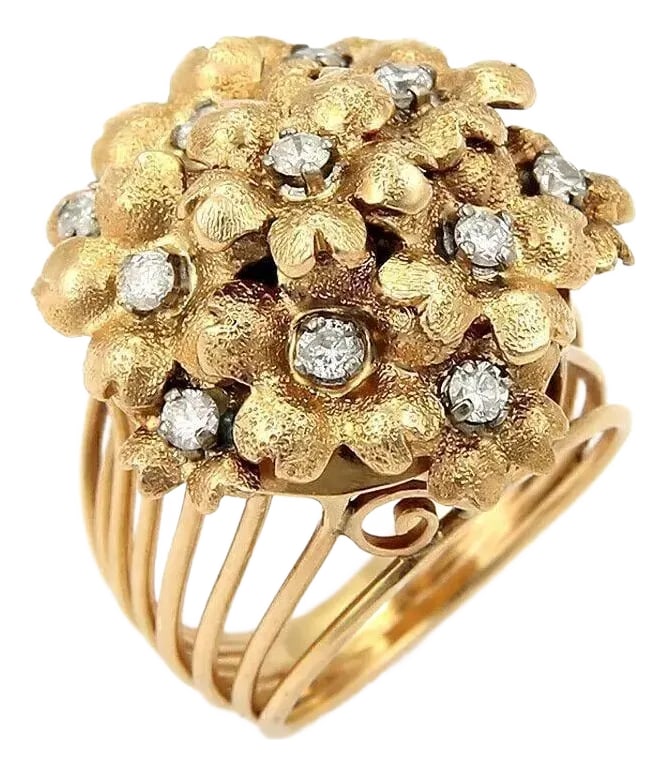 Diamonds Spring Flowers 18k Yellow Gold Cluster Ring, Size 4: This is a magnificent vintage diamond cluster ring, it is crafted from solid 18k yellow gold with a cluster of textured finish spring flowers, each with a round cut diamond set in the center. The