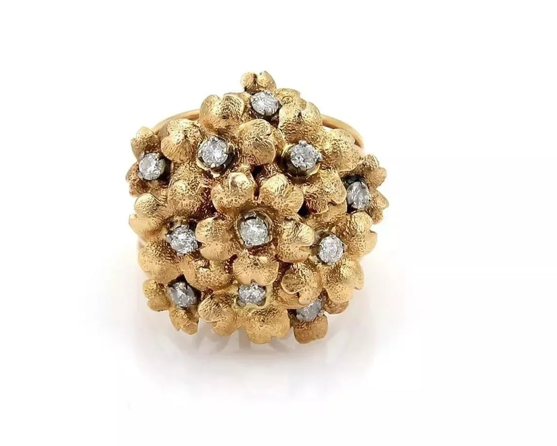 Diamonds Spring Flowers 18k Yellow Gold Cluster Ring, Size 4 - 3