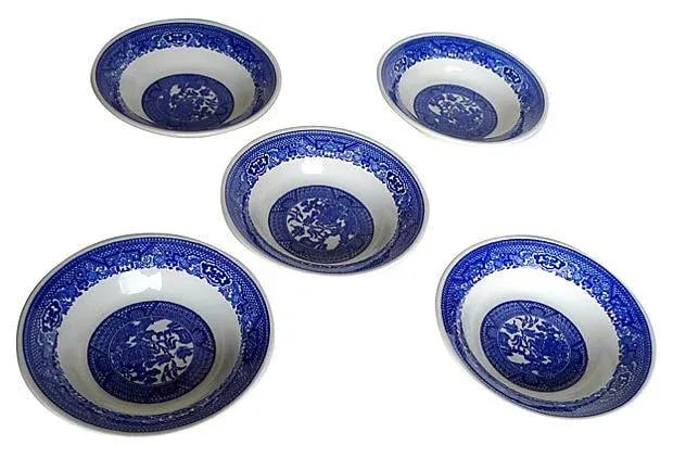 Vintage Blue & White Asian Motif Bowls - Set of 5: Mid-century blue and white set of five small Asian-motif bowls. No maker's mark. Circa 1950s. Excellent! Condition: Alterations: Original Condition Unaltered Imperfections: Some Imperfections