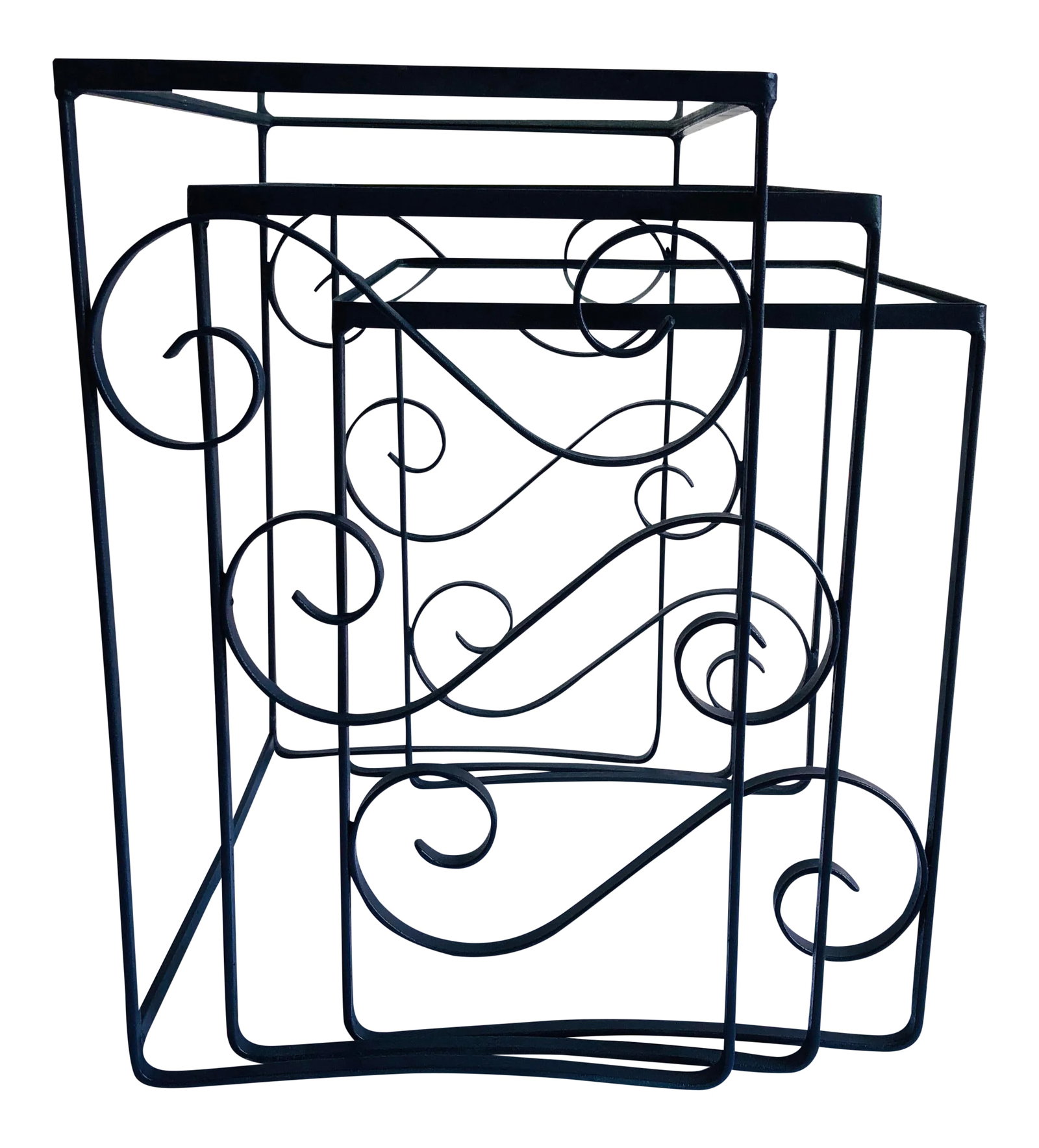 Mid-Century Style Nesting Tables Nautical Blue New Glass: Mid-Century style nesting tables; new glass and new nautical blue paint. Large 18.5"L X 12.5"D X 20.5"H Mid 16.5" L X 12.5"D X 18.5"H Small 14.5L X 12.5"D X 16.5"H Condition: Alterations: Original Des