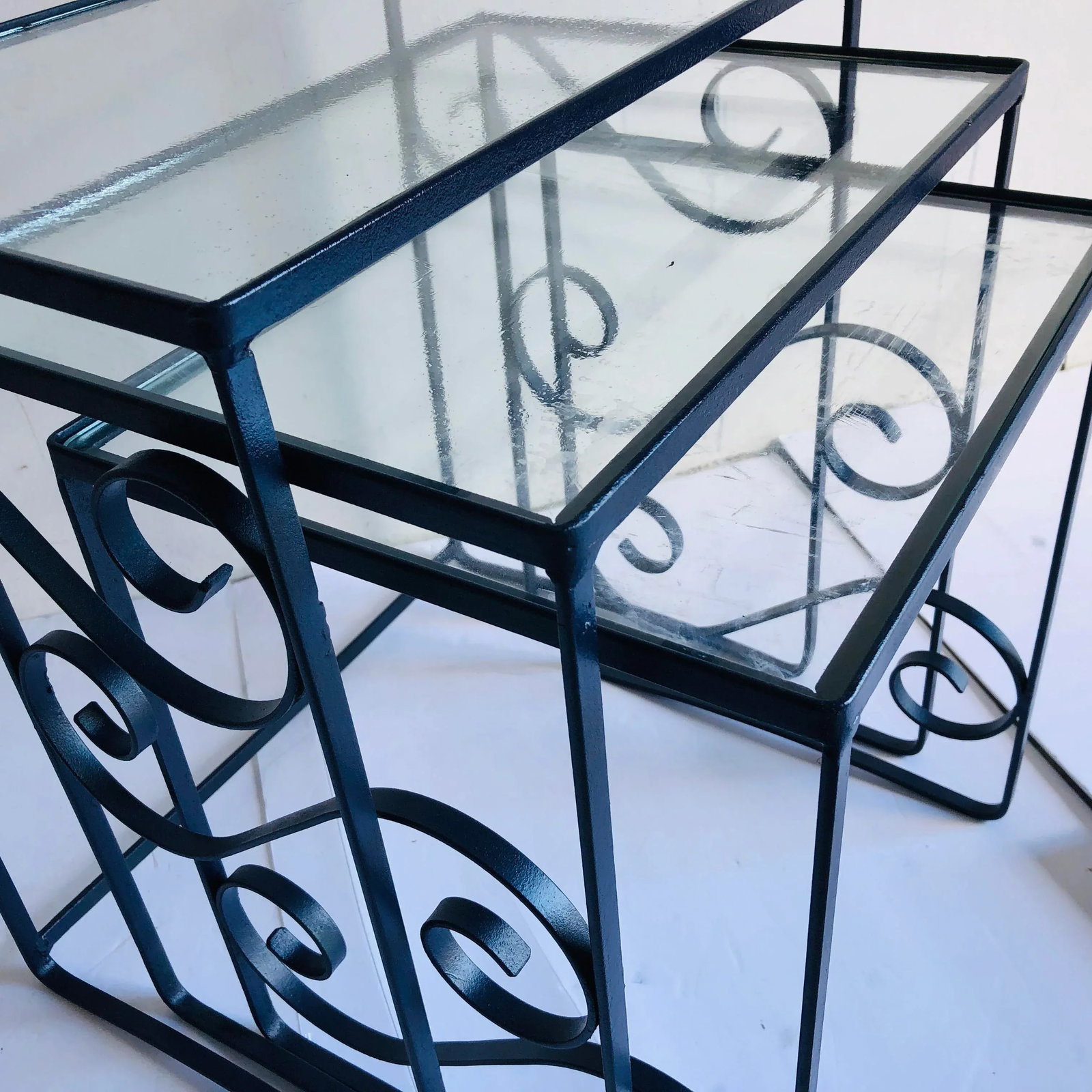Mid-Century Style Nesting Tables Nautical Blue New Glass - 4
