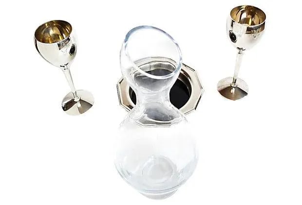 Vintage Silver & Glass Wine Serving Set of 4 - 6