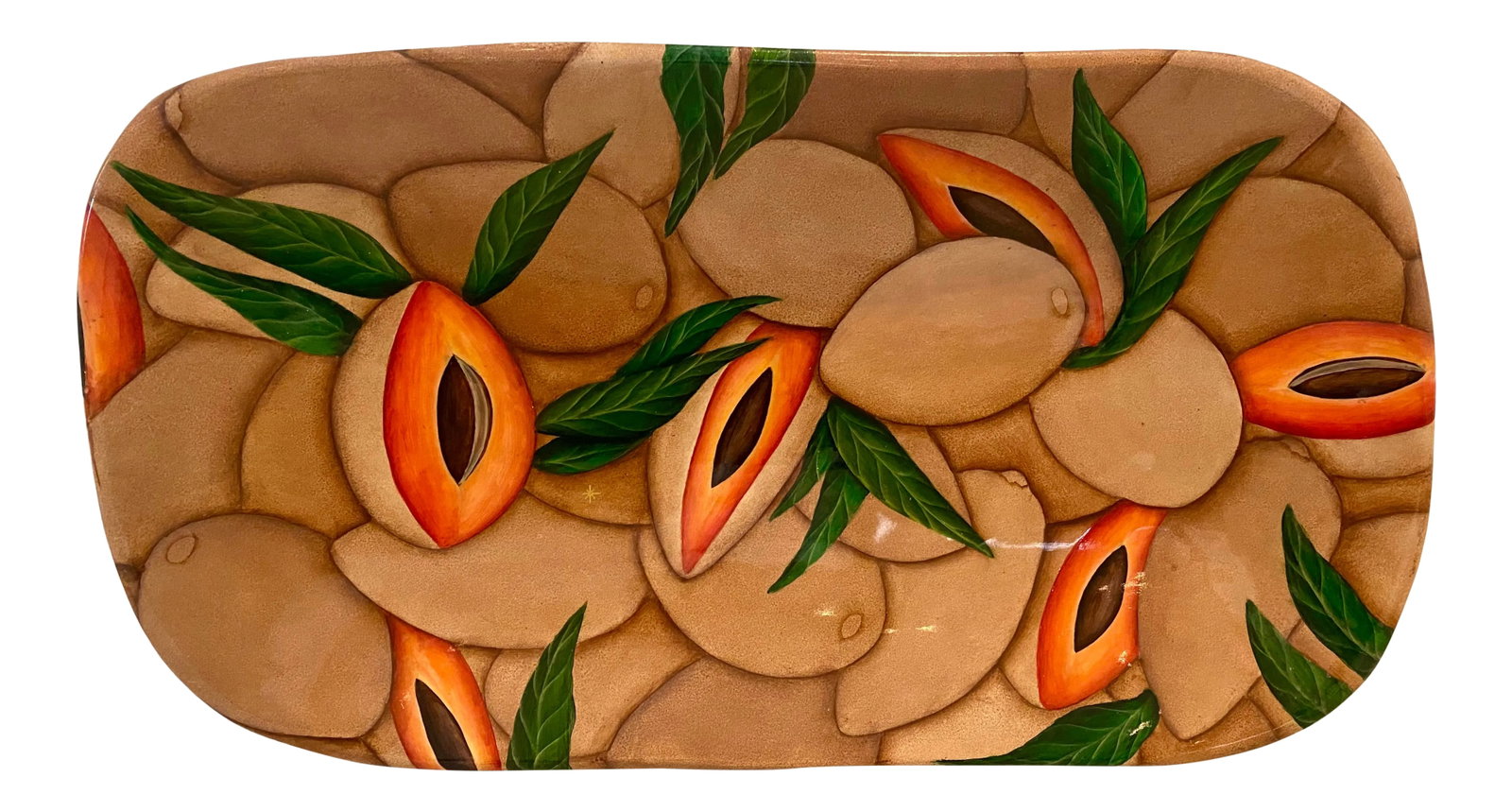 Bibi Leon Artist Signed Hand Painted Wood Platter: Hand crafted and hand painted decorative piece in beautiful tropical colors. This is a work of art! Stunning large hand painted wooden platter featuring tropical "mamey" fruit and foliage. Signed by