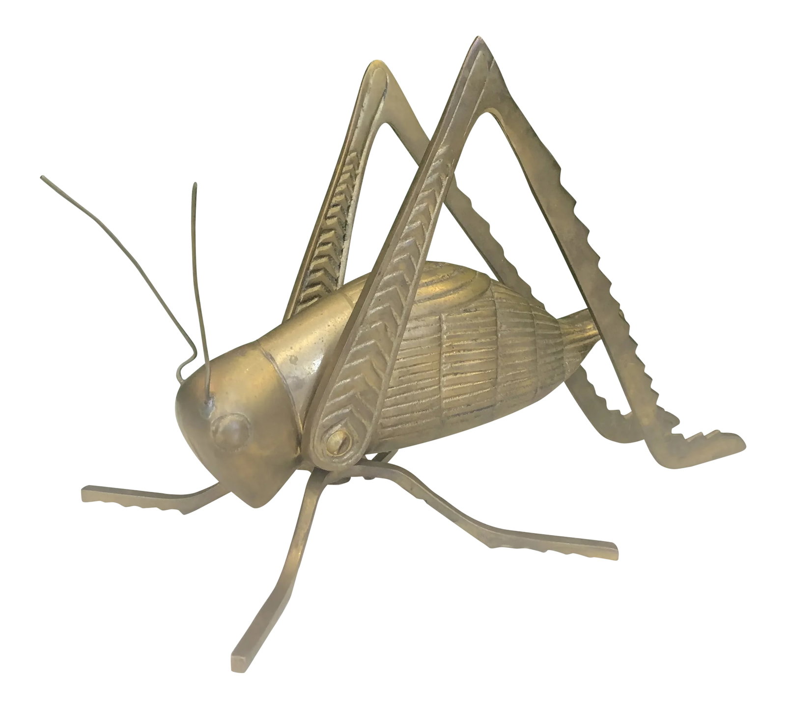 Oversized Brass Grasshopper: Vintage oversized brass grasshopper figure with moving legs. Condition: Alterations: Original Condition Unaltered Imperfections: Some Imperfections Condition Notes: Patina consistent with age. Left