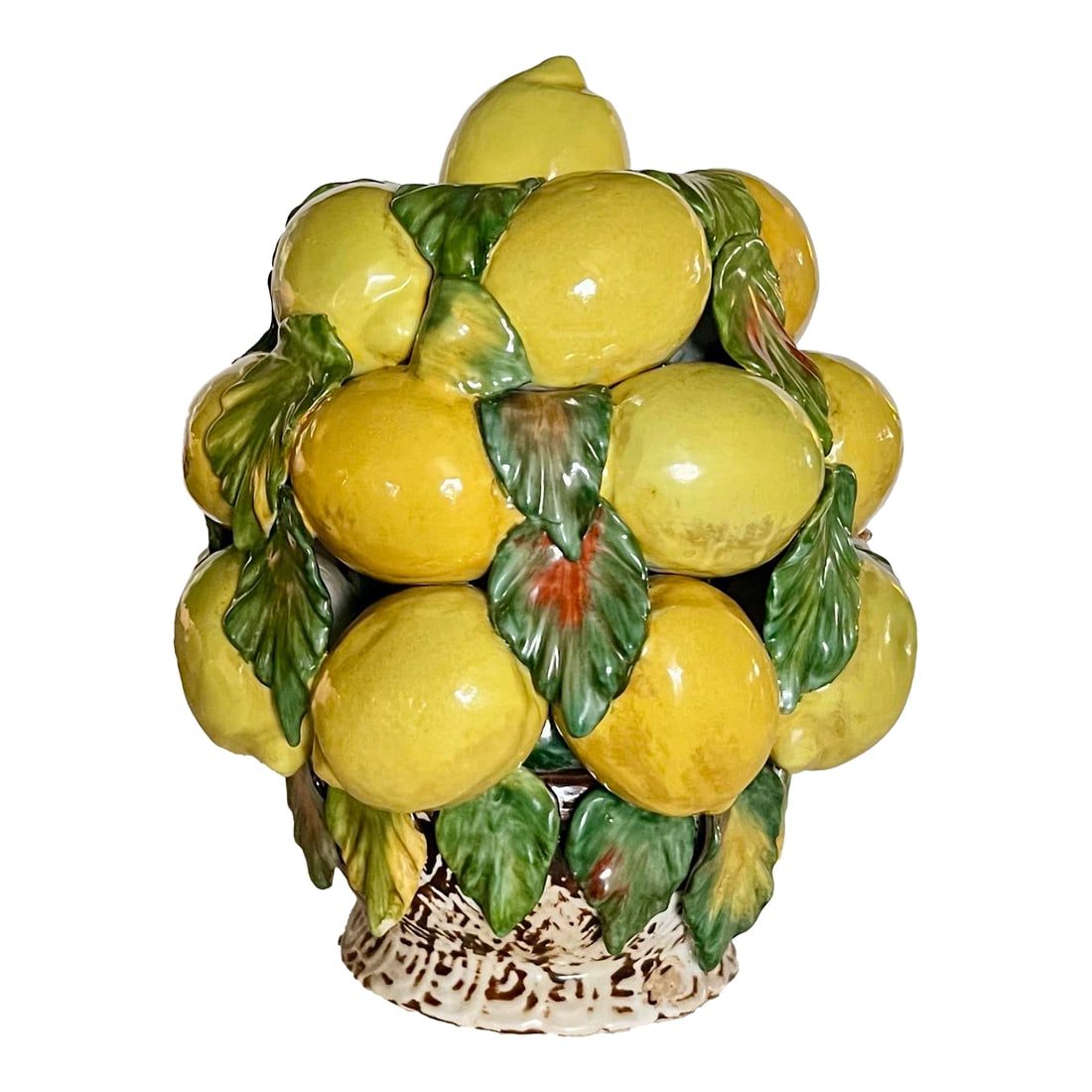 Mid Century Italian Majolica Lemons Topiary Centerpiece: Lovely Mid Century Italian majolica lemons topiary centerpiece. Brighten up your kitchen or dining room with this beautiful hand painted arrangement of lemons, accented by vibrant green leaves on a