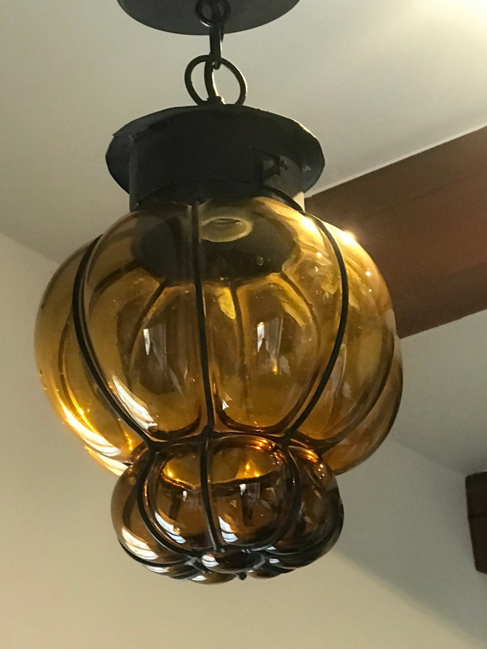 1960's Mexican Blown Glass and Wrought Iron Pendant - 2