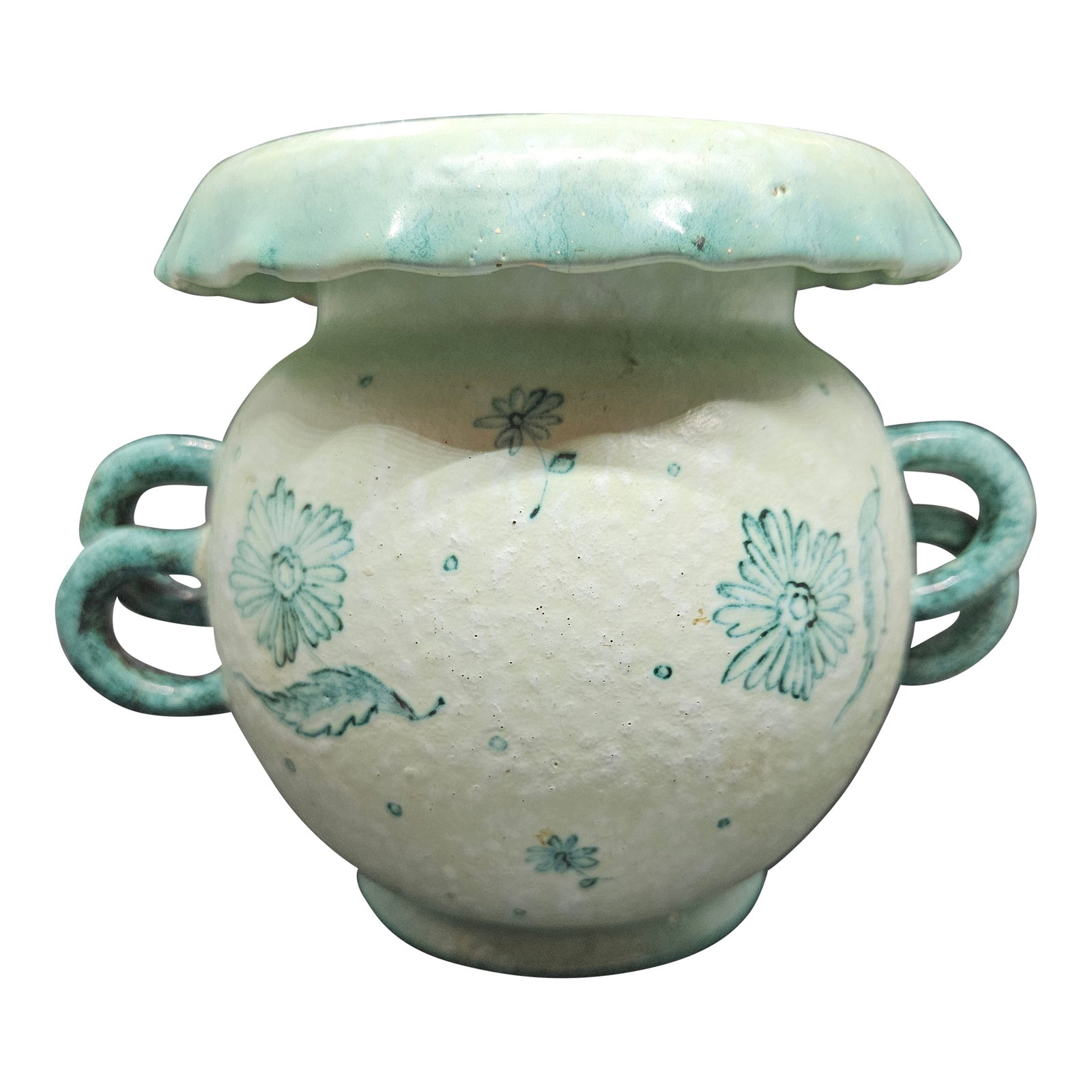 Signed, Aged Turquoise Double Handle Violet Vase: Signed, Aged Turquoise Double Handle Violet Vase Condition: Alterations: Original Condition Unaltered Imperfections: Some Imperfections Condition Notes: Age, Vintage Materials & Techniques: