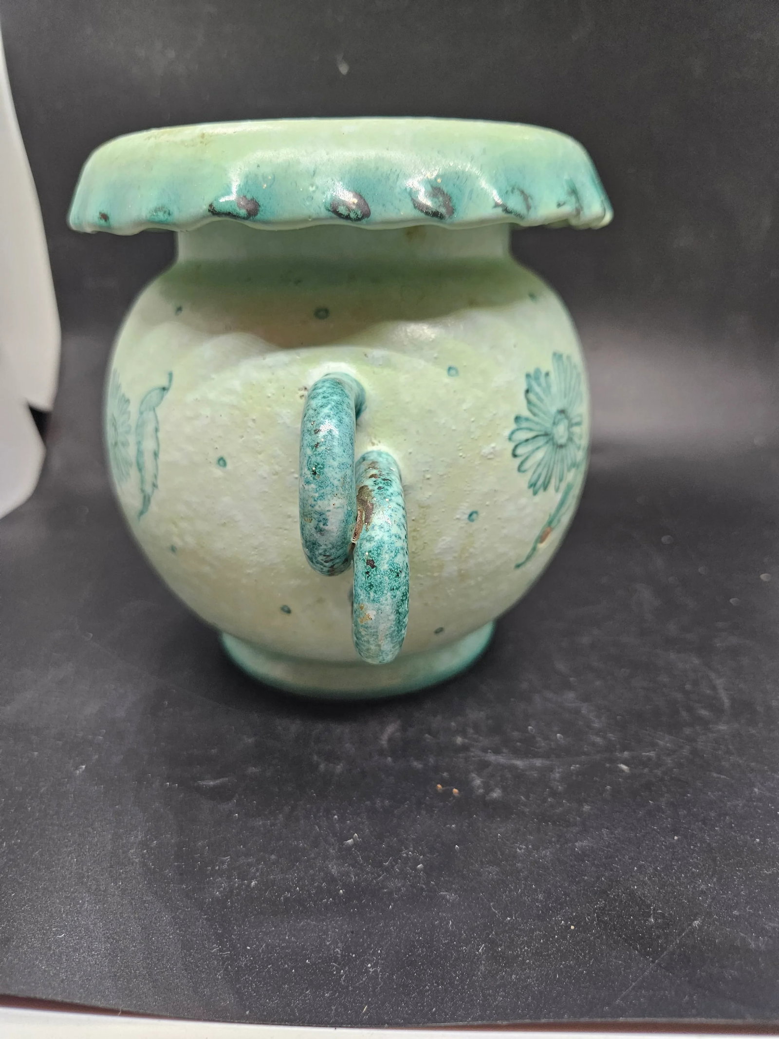Signed, Aged Turquoise Double Handle Violet Vase - 2