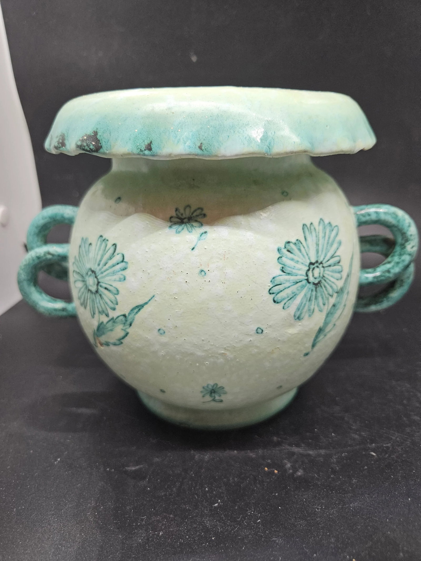 Signed, Aged Turquoise Double Handle Violet Vase - 3