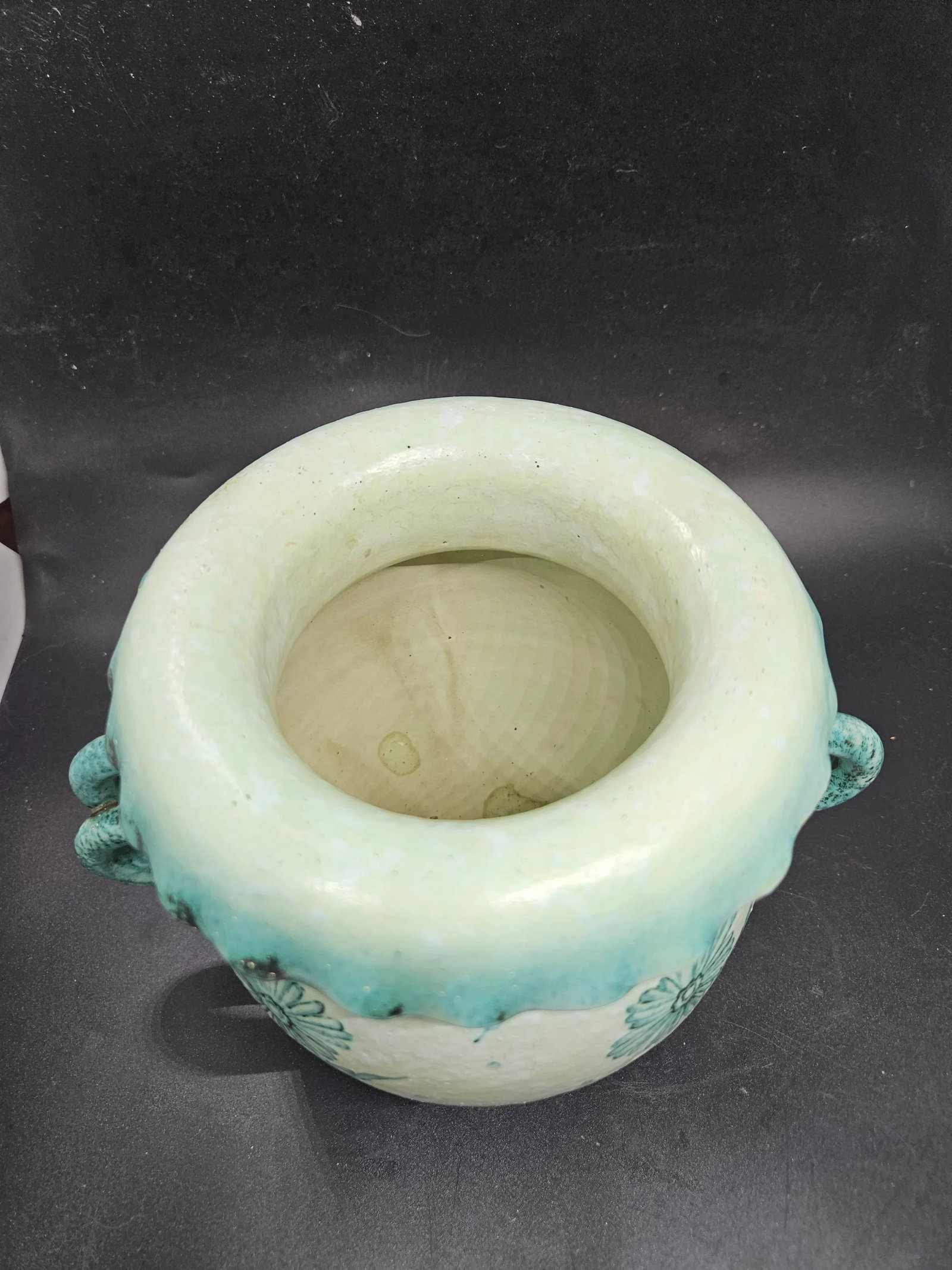 Signed, Aged Turquoise Double Handle Violet Vase - 4