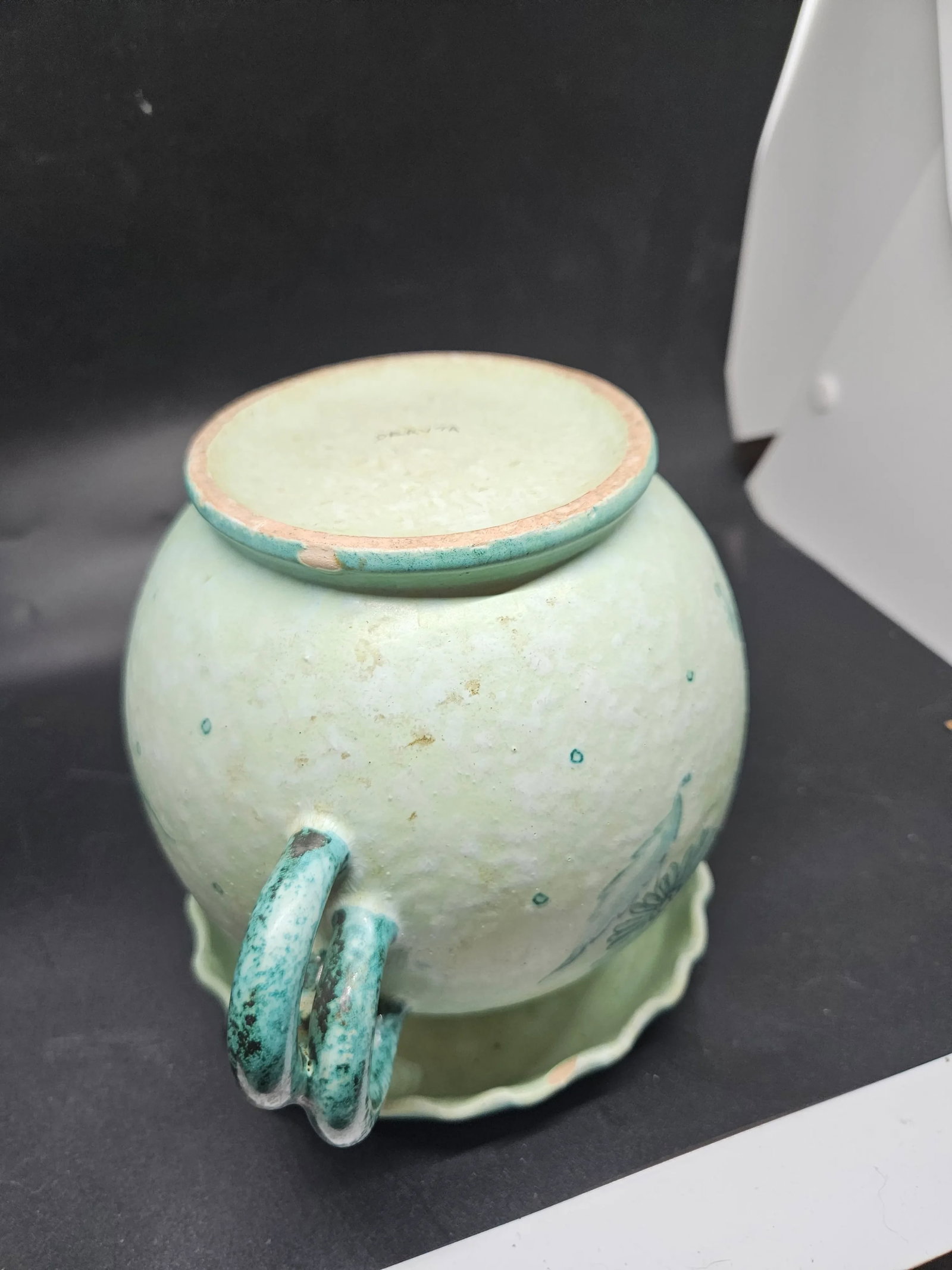 Signed, Aged Turquoise Double Handle Violet Vase - 6
