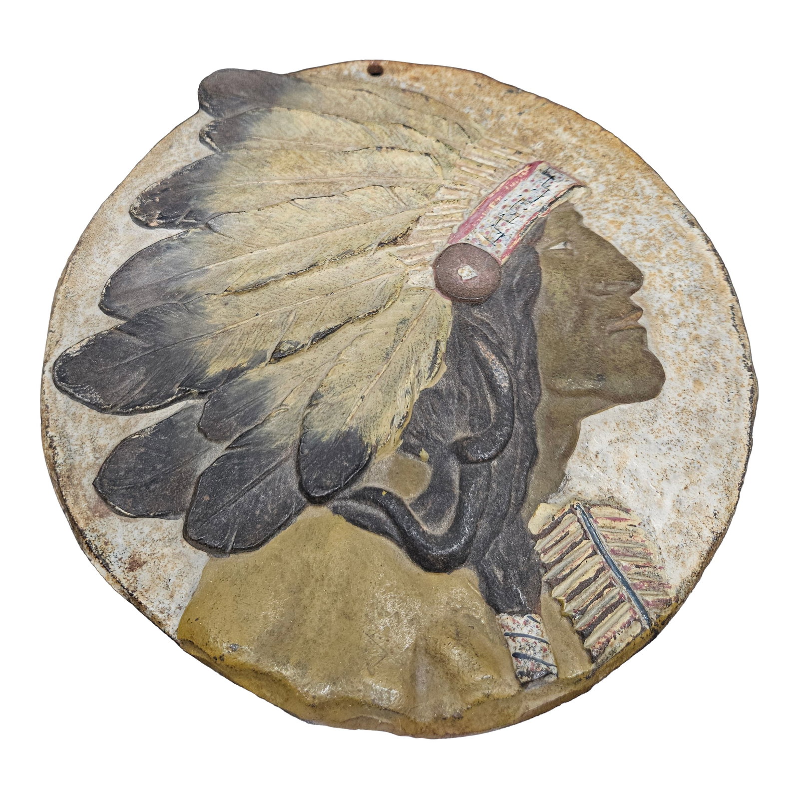 VTG Indian Chief Headdress High Relief Plaque 8.5" Heavy Metal: Vtg Indian Chief Headdress High Relief Plaque 8.5" Heavy Metal Condition: Alterations: Original Condition Unaltered Imperfections: Some Imperfections Condition Notes: Aged, weathered Materials & T