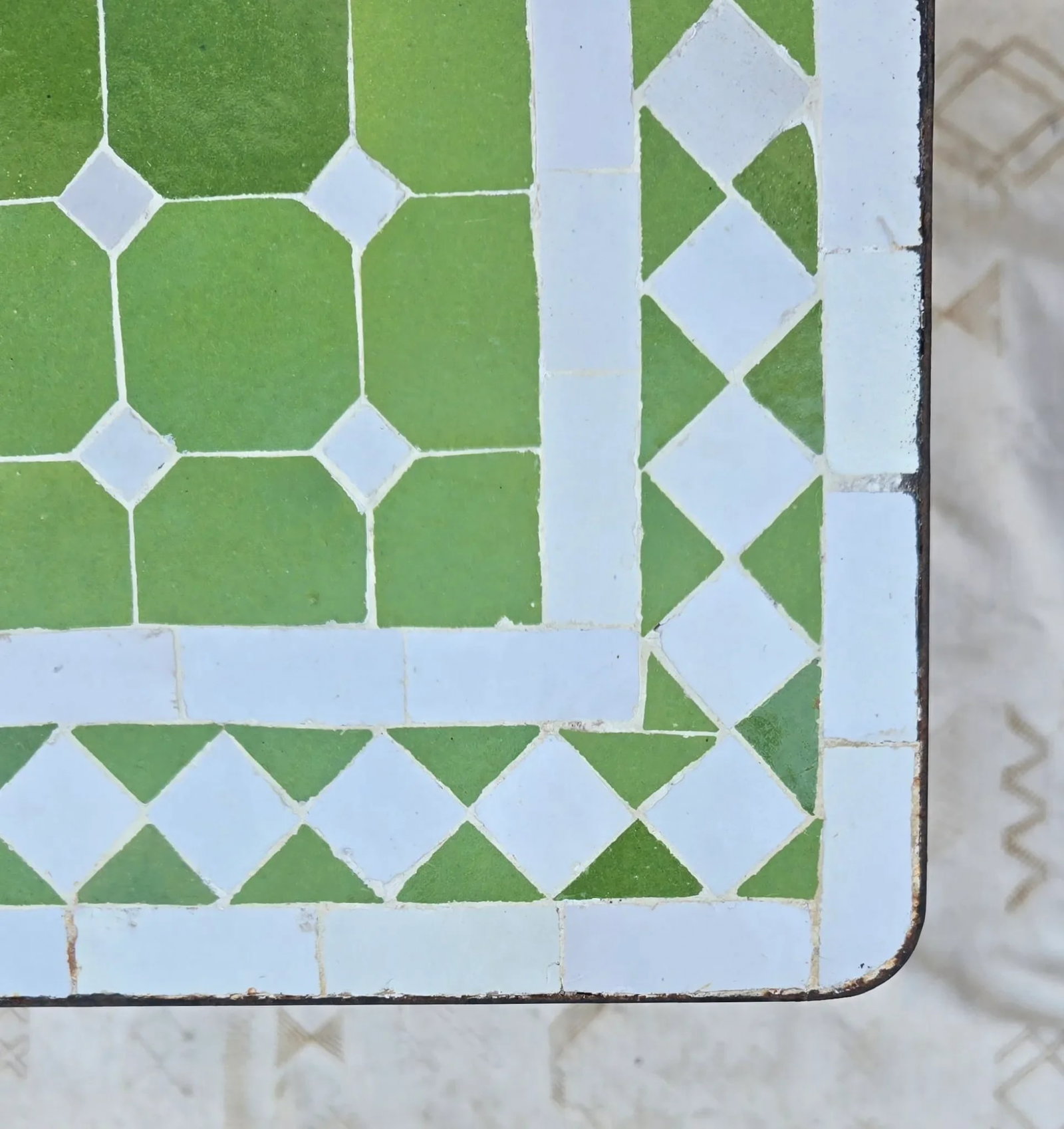 24" Square Moroccan Mosaic Table, Lime Green and White on Iron Base - 2 Pieces - 3
