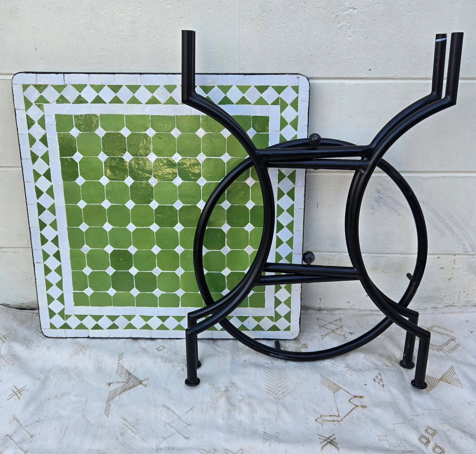24" Square Moroccan Mosaic Table, Lime Green and White on Iron Base - 2 Pieces - 4