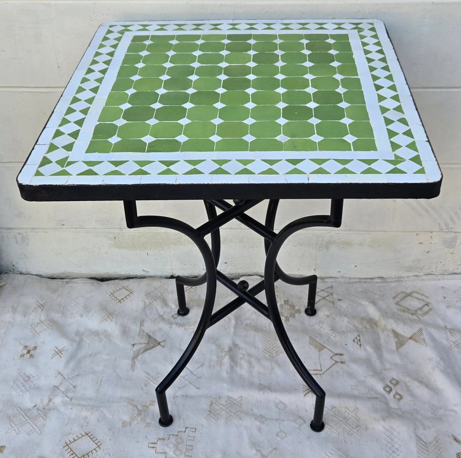 24" Square Moroccan Mosaic Table, Lime Green and White on Iron Base - 2 Pieces - 7
