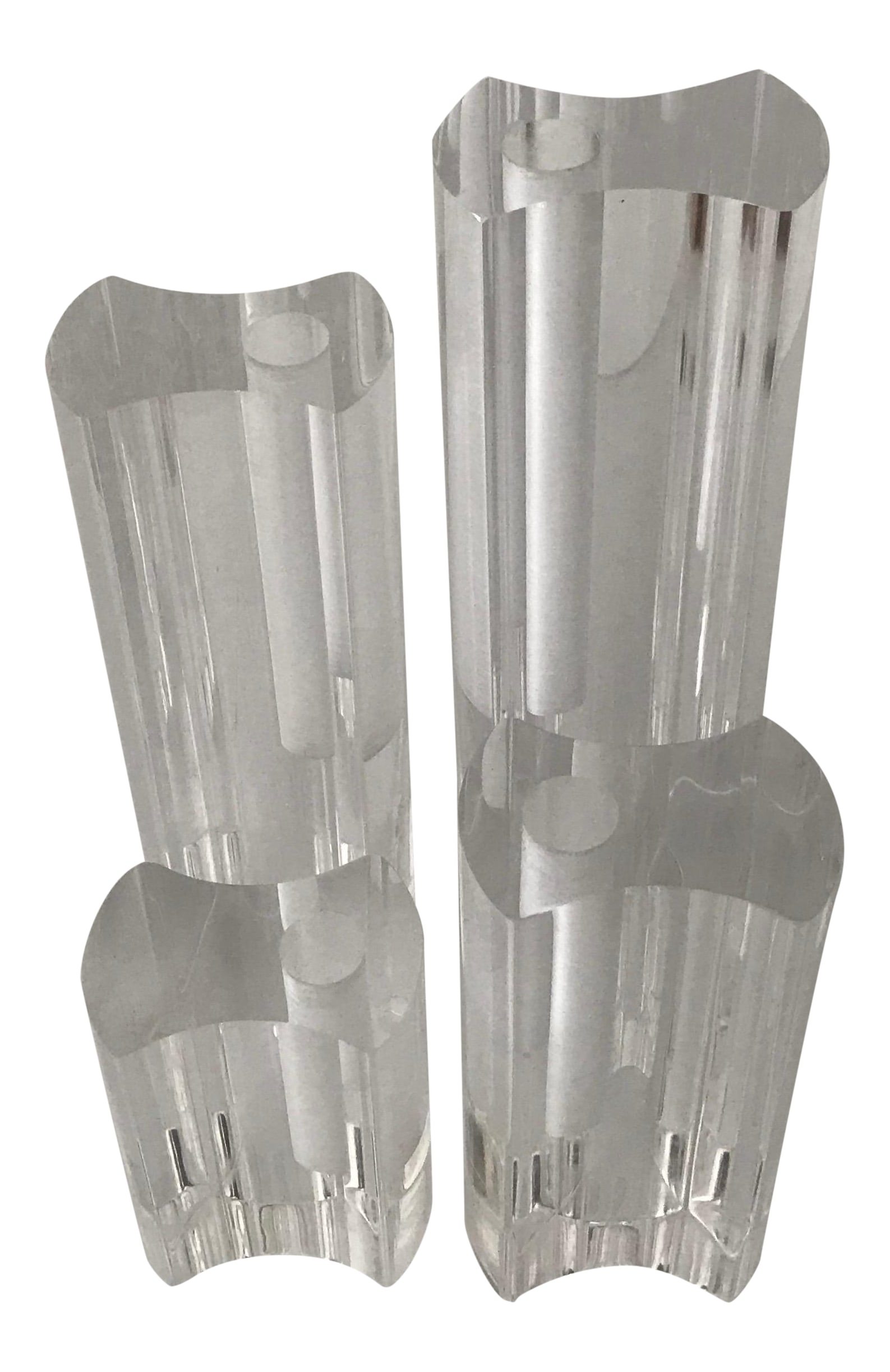 Candle Holders in the Style of Ritts of La- Set of 4: Four Vintage Lucite Acrylic Astrolite Candle Holders in the Style of Ritts of LA Size: HEIGHT: 10" 8" 6" 4" WIDTH: 3" DEPTH: 2" Condition: Alterations: Original Design Modified Imperfections: Some