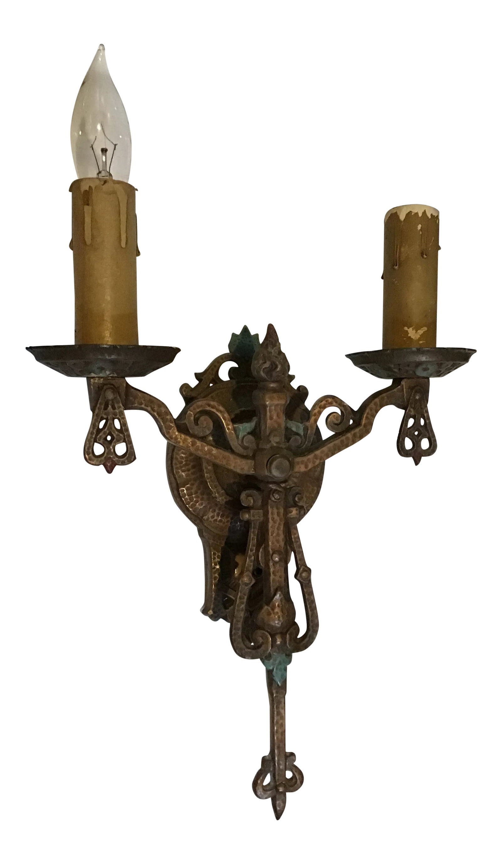 Antique Polychrome Double Wall Sconce: Art deco Victorian double candlestick wall sconce. Original Vintage Polychrome vibrant colors are stunning! Place in a room a hallway Condition: Alterations: Unknown Imperfections: Some Imperfections 