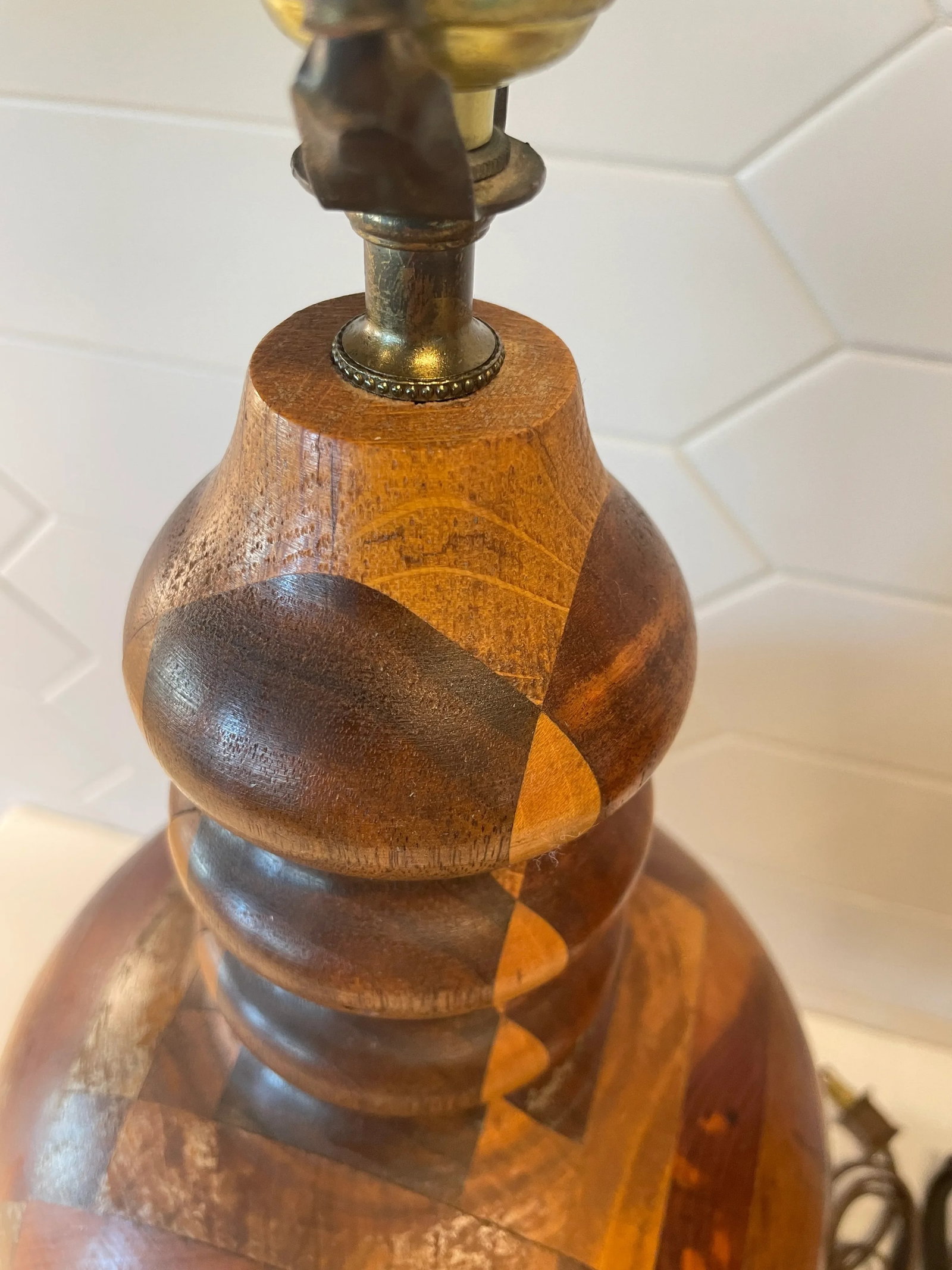 Vintage Marquetry Turned Wood Artisan Crafted Lamps- A Pair - 10