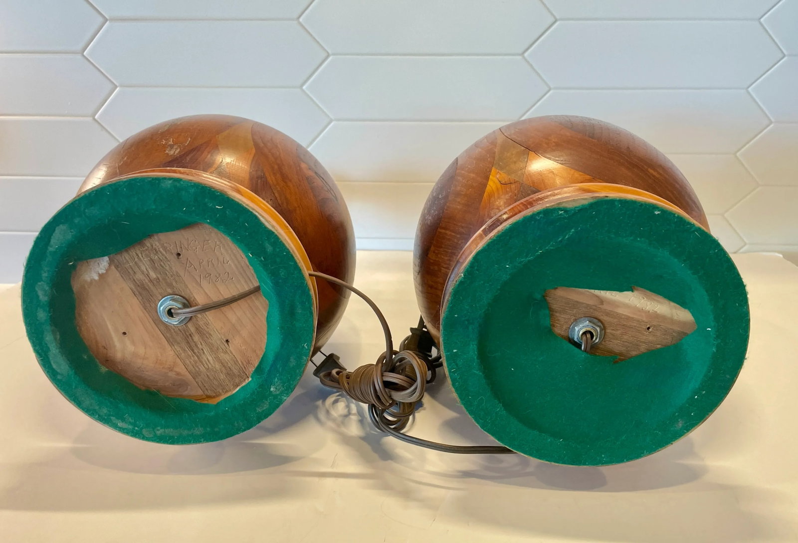Vintage Marquetry Turned Wood Artisan Crafted Lamps- A Pair - 11