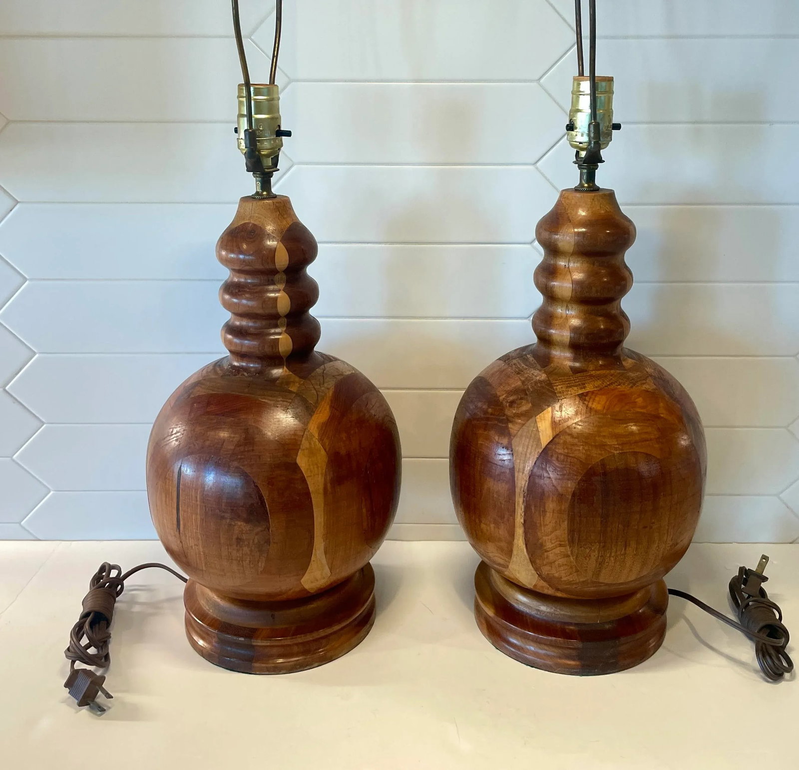 Vintage Marquetry Turned Wood Artisan Crafted Lamps- A Pair - 2