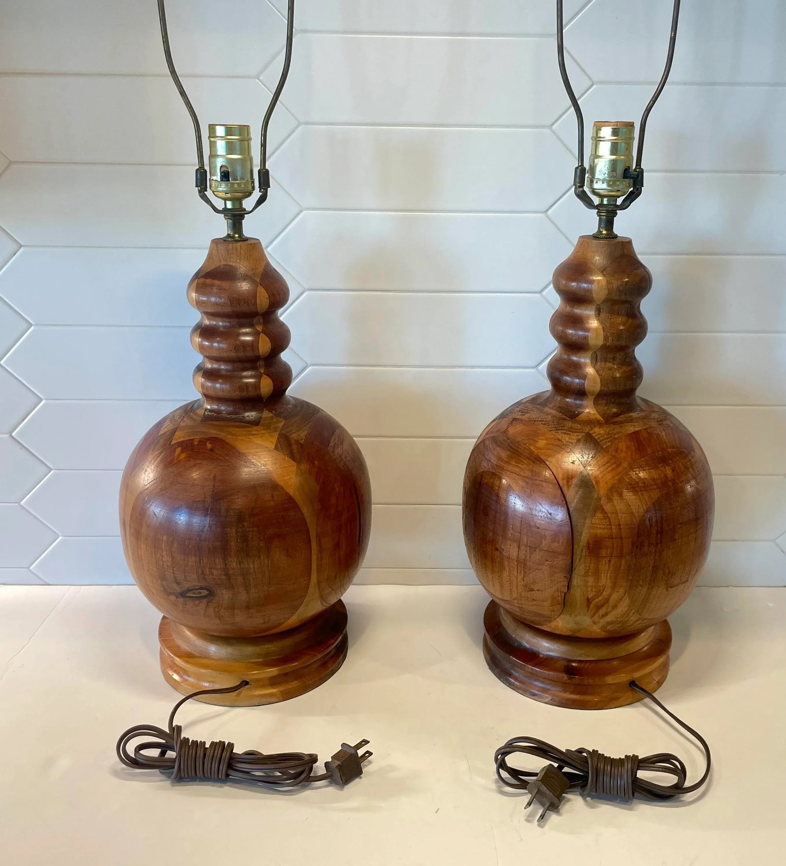 Vintage Marquetry Turned Wood Artisan Crafted Lamps- A Pair - 3